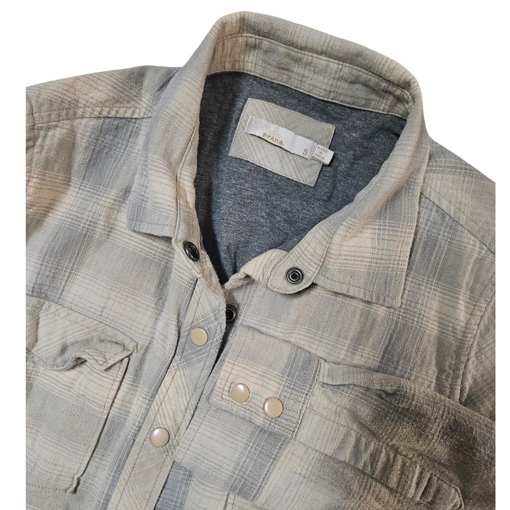prAna Prana Plaid Snap Button Shirt Jacket Shacket Casual Women's Large Beige